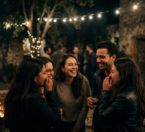 Friends gathered at a backyard event with string lights